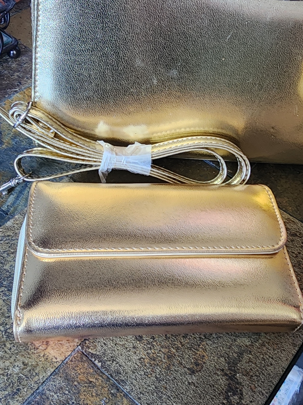 3 Pc Gold Metallic Structured Satchel Handbag with Matching Wallet - Picture 2 of 14